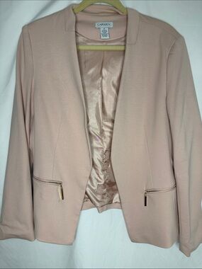 Carmen Marc Valvo Pink Open Front Blazer with Gold Zip Detail